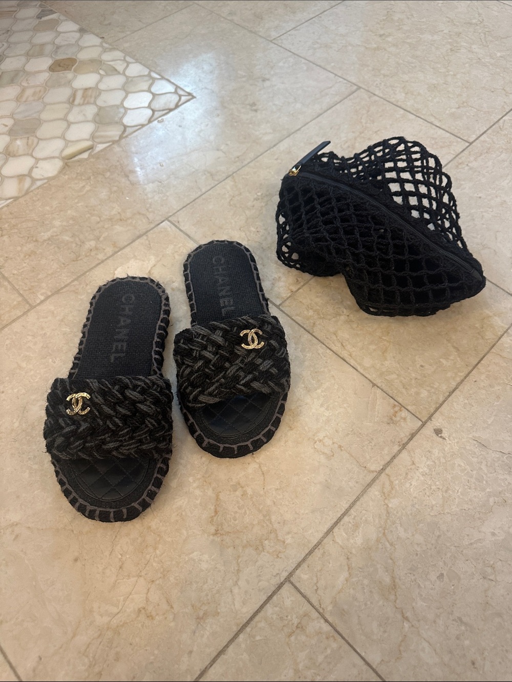 CHANEL Black Braided Slide Sandals with Gold CC Emblem